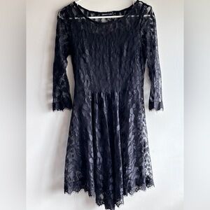 Black Lace Fit & Flare Dress Sheer Sleeve Skater Goth Romantic Mini M NWT
